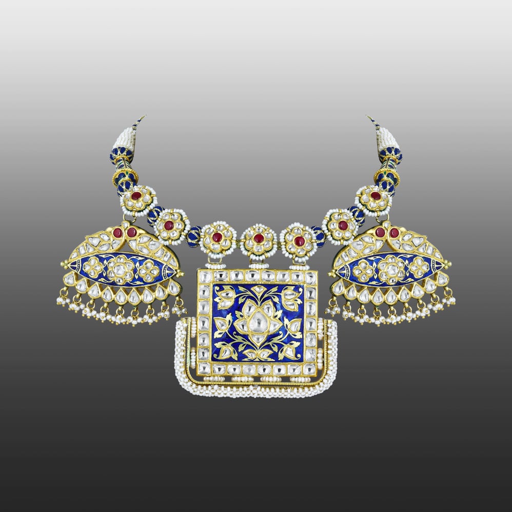 Blue Enamel Pankhi Polki Pendant Necklace